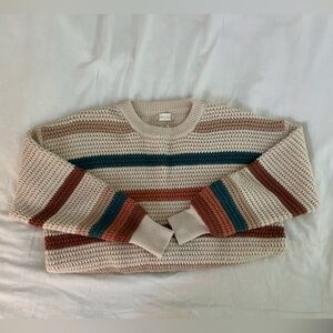 Altar'd State Cream and Brown Crew Neck Sweater with Striped Design